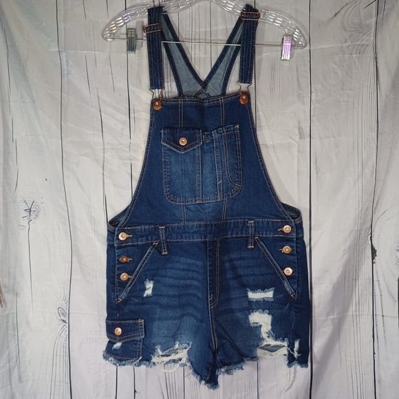 No Boundaries Denim Distressed Overalls - Picture 1 of 11